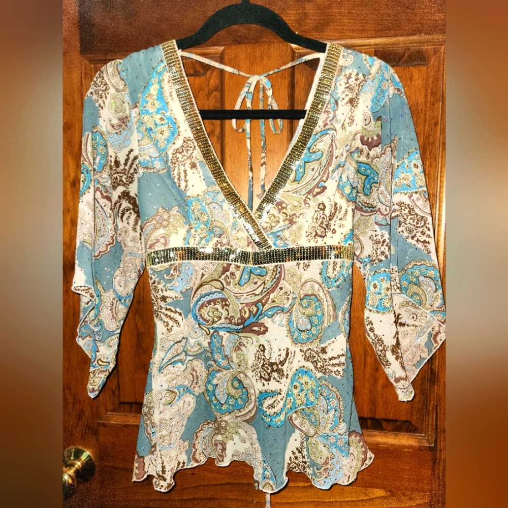 Heart Soul Medium top blouse blue brown cream metallic lined bra area